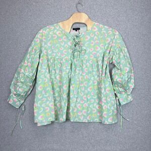 Beulah Style Abstract Print Lace Up Blouse Womens Small Green NWT Boho Ruffle